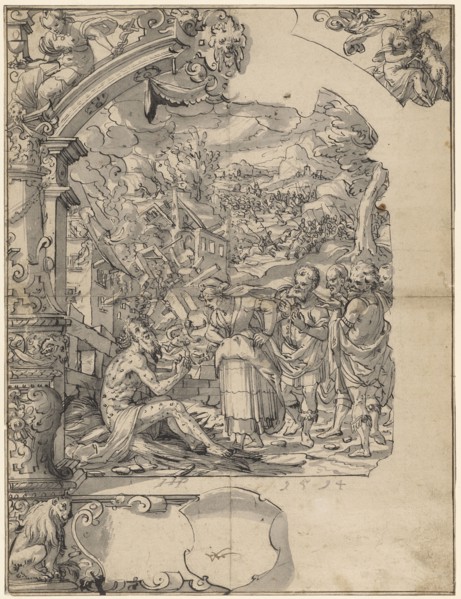 Slice tear with the taunting of Job, in the upper corner pictures Fides and Caritas, below empty