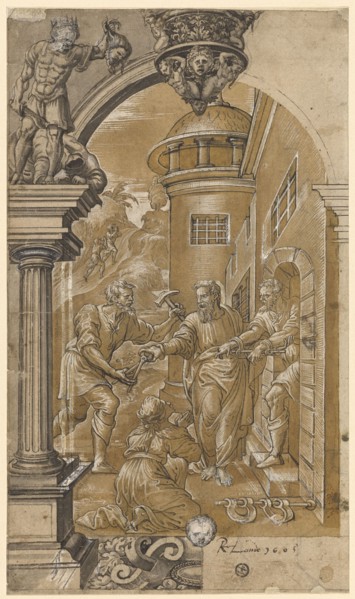 In the corner picture David beheaded Goliath, around 1545, feather in black, partly gray washed,