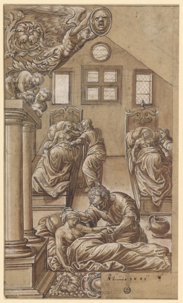 Slice tear to comfort the sick, around 1545, feather in black and brown, brown and light brown