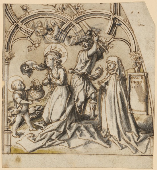 The decapitation of St. Dorothea, and donator, pen in brown, over traces of chalk outline, gray