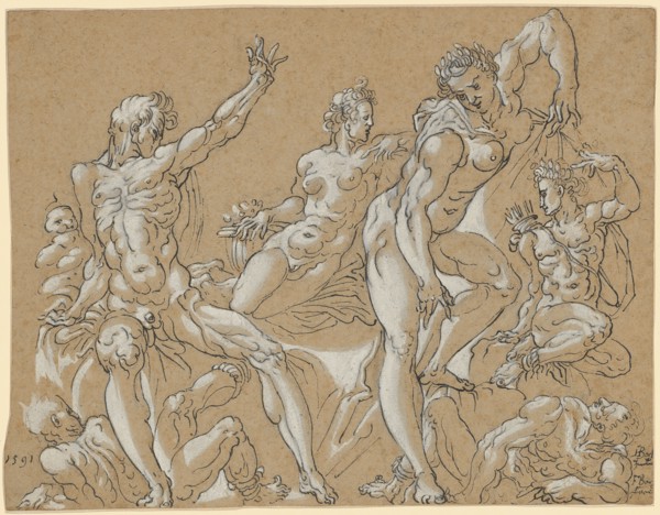 Figure studies, 1591, feather in black, heightened with white, on brownish paper, sheet: 16.6 x 21