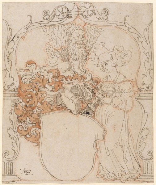 Broken glass with woman as shield holder and empty coat of arms, feather in brown, in places bright