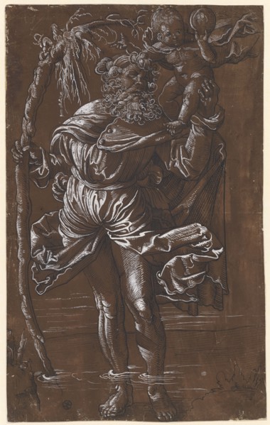 The hl., Christophorus, feather in black, heightened in white, on dark brown primed paper, folia: