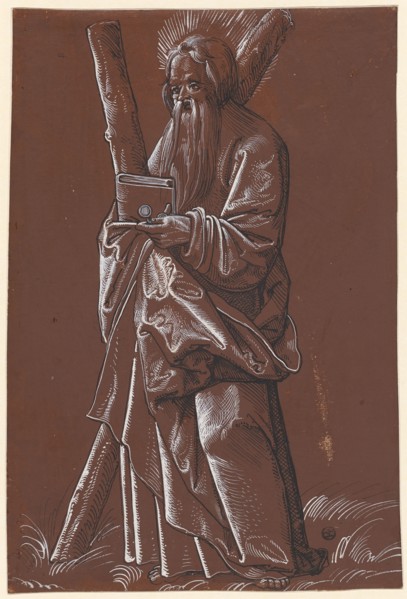 The apostle Andrew, feather in black, heightened with white, on brown-primed paper, page: 30.7 x 20