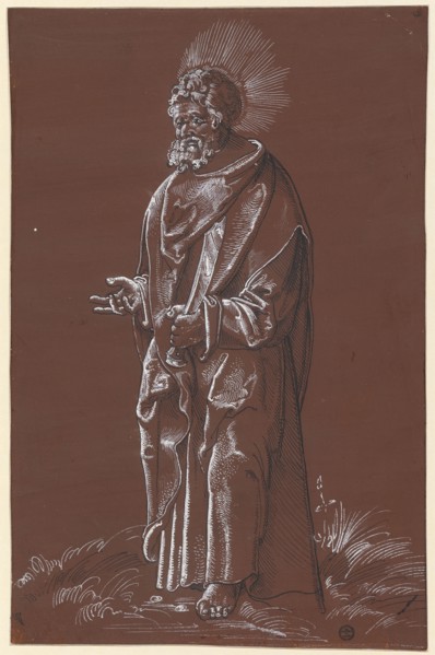 The Apostle Bartholomew, feather in black, heightened with white, on brown-primed paper, page: 30.4