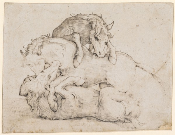 Three Fighting Wild Horses, Feather in Black, Copyspace, Sheet: 13.4 x 17.5 cm, Unsigned, Hans