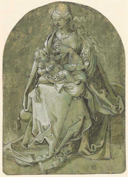Mary with Child on the grassy bench, feather in black, greyish-green washed, heightened in white,