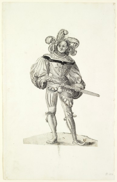 Elder Landsknecht, 1st half of the 16th century, feather in black, silhouetted, mounted on backing