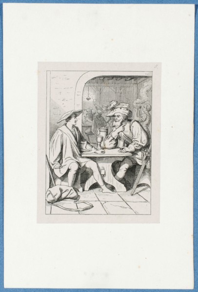 Holbein meets a countryman in the tavern, around 1857, pen lithograph, mounted on base paper,