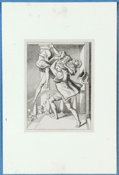 The irascible Holbein throws down a member of parliament down the stairs, around 1857, pen