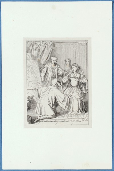 Holbein portrays Catherine Howard, around 1857, pen lithograph, mounted on base paper, mounted in