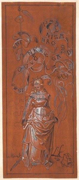 Girl with impaled heart, c. 1510/14, pen in black, pen and brush in white, with brush pink and