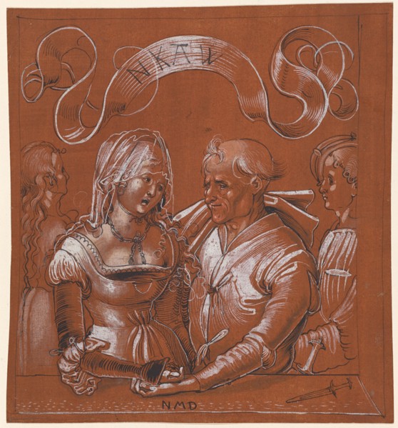 Unequal pair, c. 1510, pen in black, washed, brush and pen in white, partly tinted with a brush in