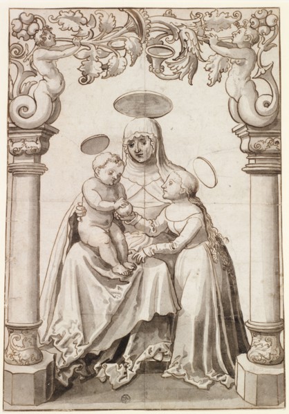 Disc rupture with St. Anna Selbdritt, c. 1520, pen in brown, gray washed, laminated with Japanese