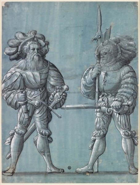 Two standing warriors, feather and brush in black and gray, heightened in white, cut out along the