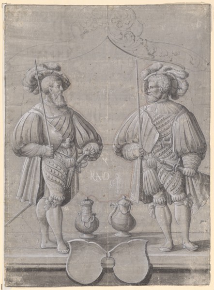 Slice crack with two rice runners, including two empty escutcheons, 1540, pen in black and white,