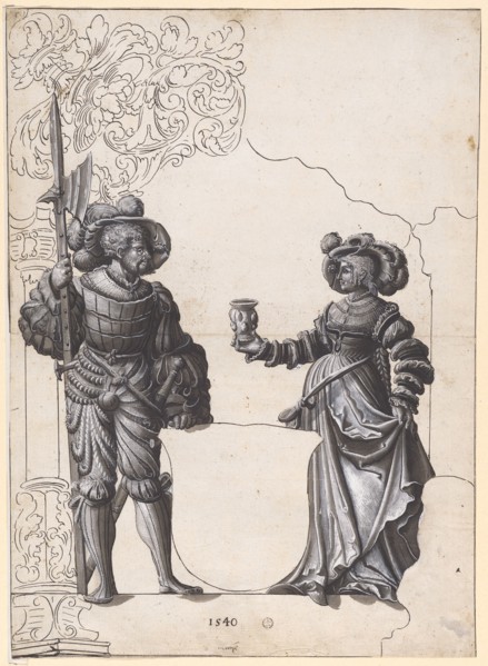 Broken glass with a woman handing the welcome drink to a halberdier and blank blazon, 1540, feather