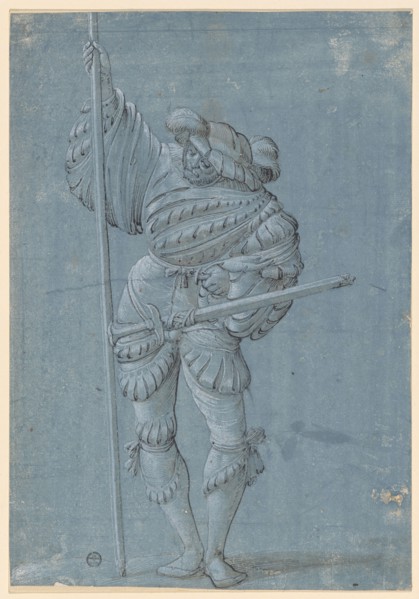 Standing warrior with spear, feather in black, gray washed, heightened in white, on greyish blue