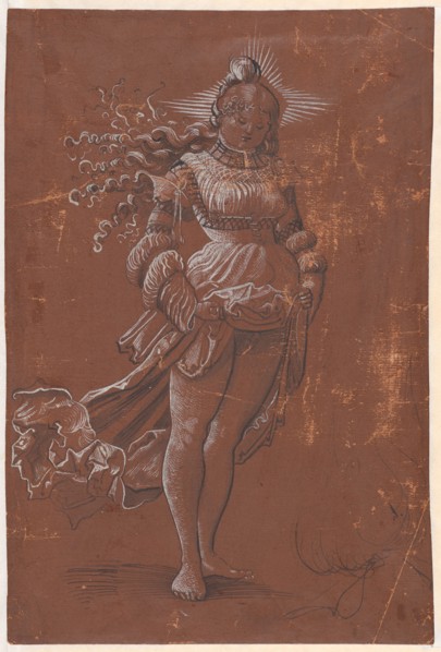 Standing Girl with Halo and Skirt, 1st Half of the 16th Century, Feather in Black, Brush and Pen in