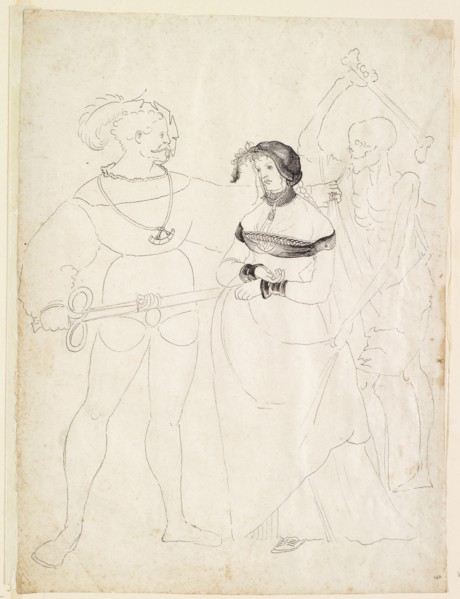 Landsknecht with citizen's wife and skeleton, 1st half of the 16th century, feather in black,