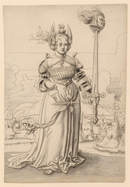 Judith with the head of Holofernes, 1st half of the 16th century, feather in brown-black,