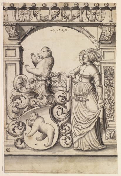 Broken glass with woman as shield accompanist and bear coat of arms, 1530, pen in black, gray wash,