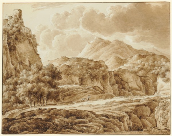 Two figures in a rocky landscape with castle ruins, brush (sepia) and feather (greyish-black) over