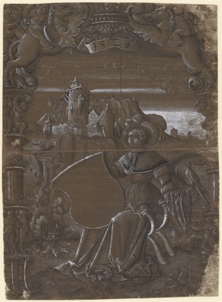 Disc tear with shield holder with empty escutcheon, a falcon on the left arm, 1529, pen in black,