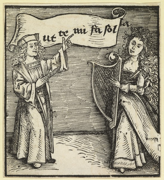 Song hour, 1501, woodcut, sheet: 10.3 x 9.4 cm, inscribed in banner: ut te mi fa sol la, Meister DS