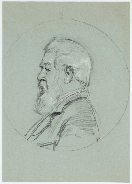 Portrait Arnold Böcklin in profile to the left, 1897, pencil, heightened with white, on blue-green