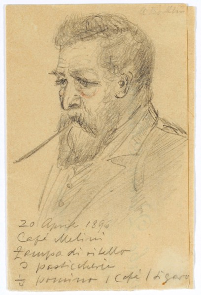 Arnold Böcklin in the Café Melini, Florence, smoking a cigar, 1896, pencil, sheet: 10.8 x 6.9 cm |,
