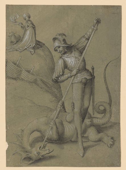 The hl., Georg on foot in the battle of the dragons, c. 1490, pen in black, gray washed, heightened