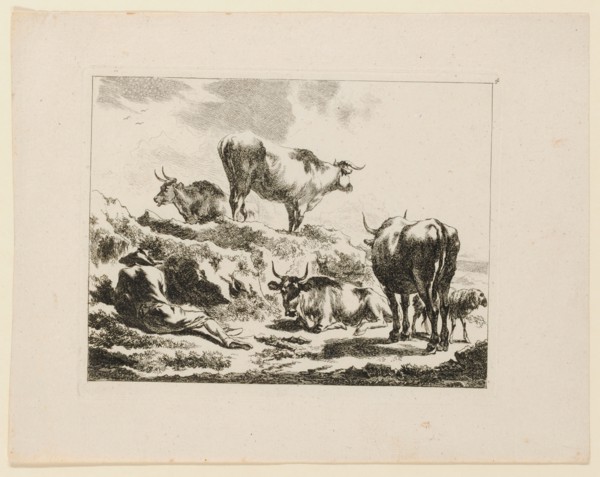 Shepherd sleeping among cows, etching, plate: 15.6 x 19.7 cm |, Leaf: 21.2 x 15.6 cm, in the plate
