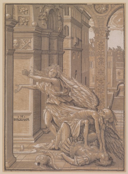 The death surprises the lovers, 1510, chiaroscuro woodcut of three plates, sheet: 21.2 x 15.2 cm, M