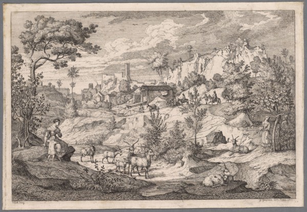 Serpentine landscape near Olevano with goatherds and donkey drivers, 1821, etching, sheet: 19.2 x