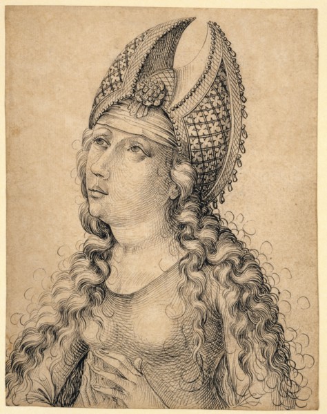 Half-length portrait of a woman looking up, to the left, c. 1470/80, pen in black, page: 18.6 x 14