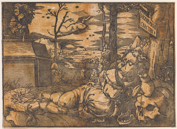 Sleeping Putto and Death (Vanitas Allegory), chiaroscuro woodcut of two panels (black and red
