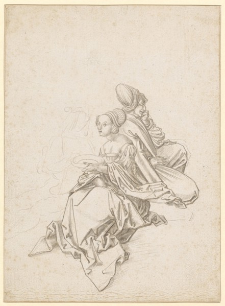 Seated couple and elderly woman, c. 1510, silver pen, on white primed paper, page: 21 x 15.3 cm,