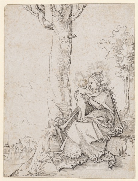 Maria with child in the landscape, 1512 or 1517, feather in black, small, Supplements with pen in