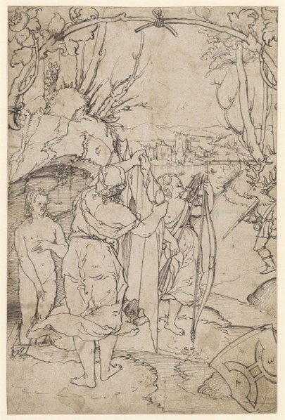 Disc tear with Diana and Aktäon, below the coat of arms of the Bullinger Antiker (?), Pen in black,