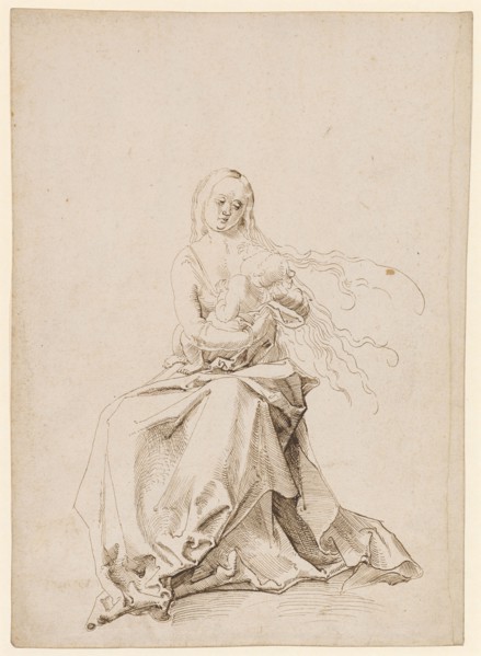 Mary with Child, Feather in Brown, Leaf: 30.5 x 21.7 cm, Not marked, Anonym, Oberrhein (sog.