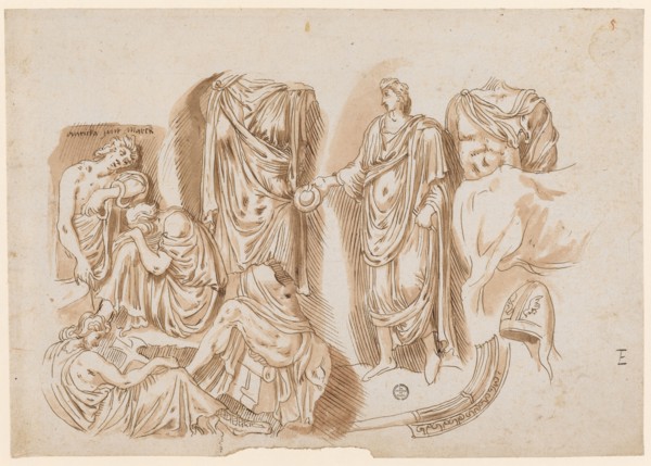 Relief fragment of an Orestes' sarcophagus, 1541/47, feather in brown, washed in red brown, leaf: