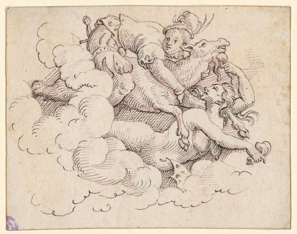 A witch flying to the right carries in clouds a young squire, riding a goat, feather in black and