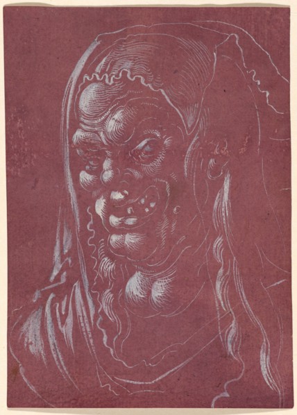 Head of an ugly old woman (witch), 1st half of the 16th century, brush in white, on violet-red