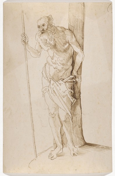 Naked man leaning against a tree, 1st half of the 16th century, feather in brown, sheet: 197/199 x