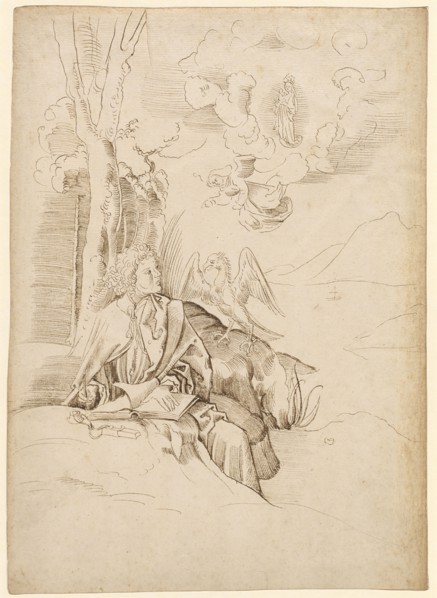 The Evangelist John on Patmos, 1st half of the 16th century, feather in brown, sheet: 31.1 x 22.1