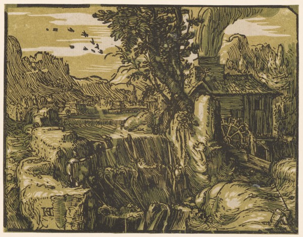Landscape with waterfall, c. 1597/1600 (print probably 1617/20), chiaroscuro woodcut of three