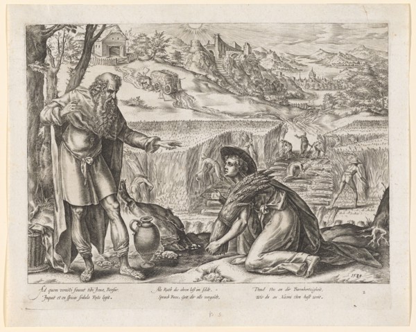 Ruth and Boas in the field, 1580, copperplate, plate: 21.9 x 28 cm |, Leaf: 24.7 x 30.9 cm, U. r.,