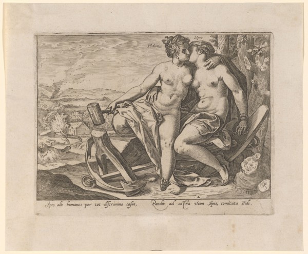 Spes and Fiducia, c. 1582, copperplate, plate: 16.1 x 21 cm |, Leaf: 21.9 x 26.1 cm, U. M. r.,