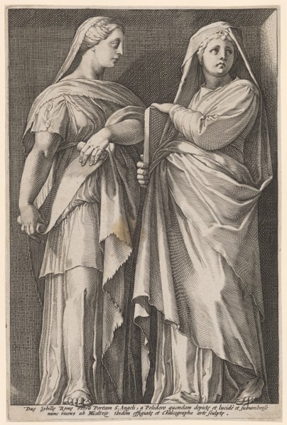 Two Sibyls, c. 1592, copperplate, plate: 24.4 x 16.2 cm |, Sheet: 24.6 x 16.4 cm, inscribed below